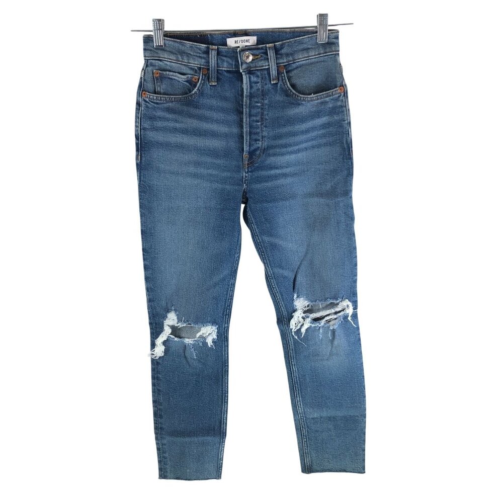 Re/Done Womens Jeans High Rise Ankle Crop Button Fly Dusk Destroy 26